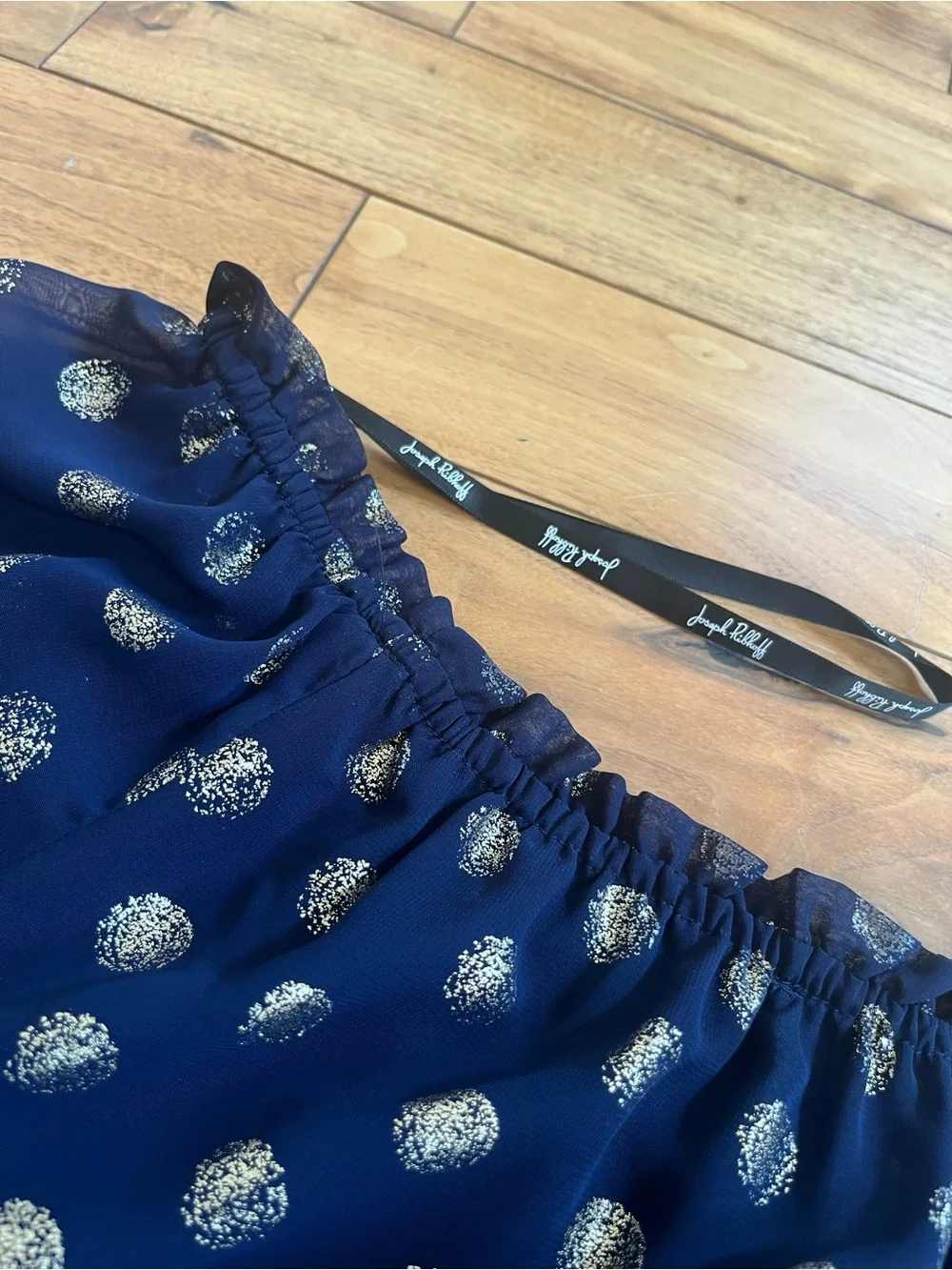 Joseph Ribkoff Navy and Gold Polka Dot Off-Shoulder Pillow Sleeve Ruffle Blouse - Picture 12 of 12